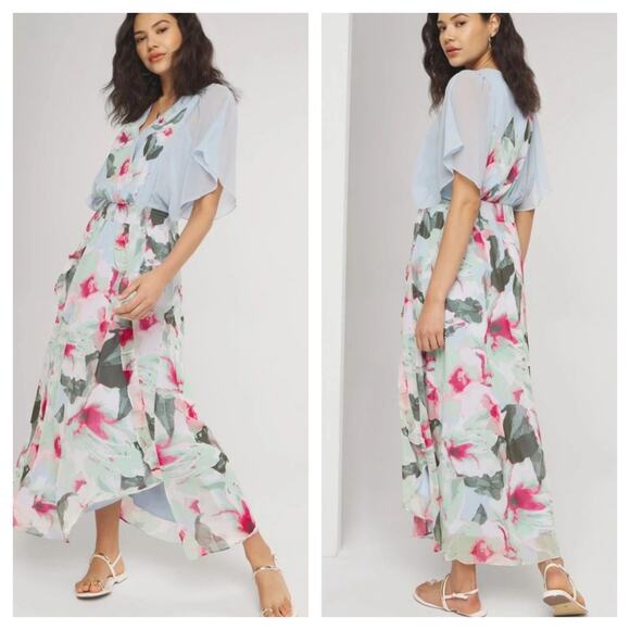 White House Black Market V-Neck Flutter Sleeve Maxi Dress Size 8 - Picture 1 of 8